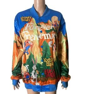 Looney Tunes Satin Bomber Jacket Mens XL Frenemies Bugs Bunny Yosemite Sam